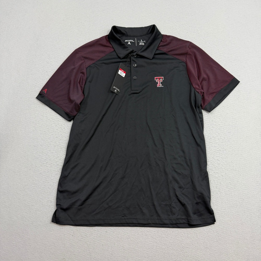 Antigua Polo Men Large Black Texas Tech Red Raiders Engage Striped Sleeves NEW